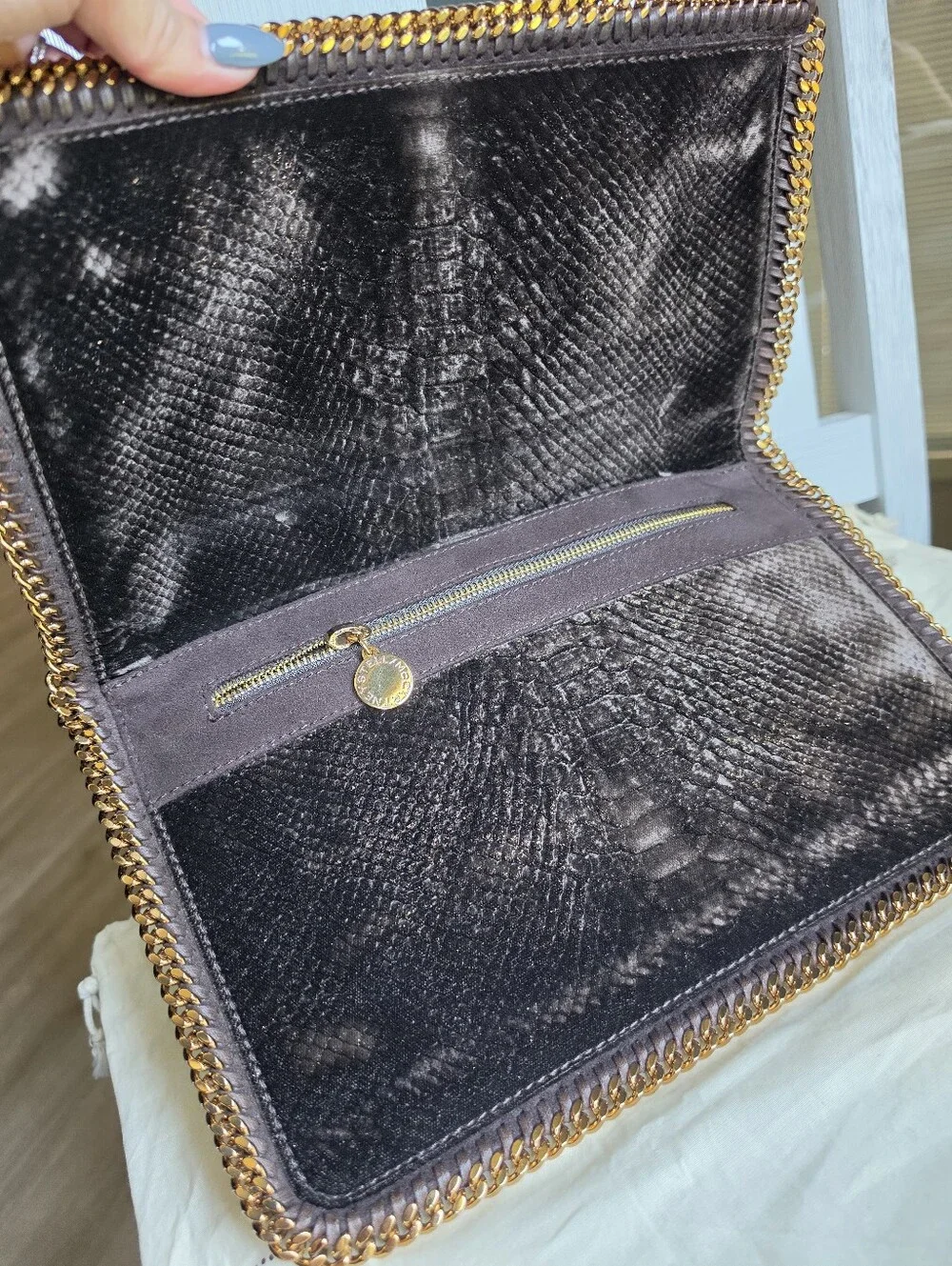 Stella McCartney Black Faux-Snake Foldover Chain Clutch with Gold Trim